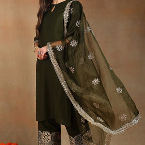 Olive Green Silk Blend Solid Straight Suit Set PKSKD2744