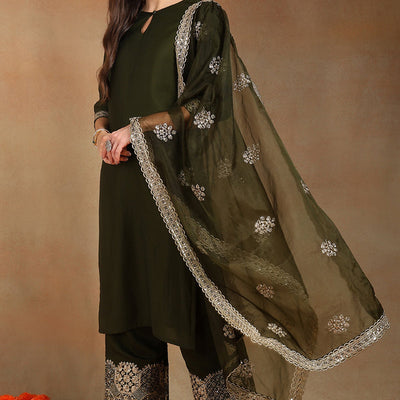 Olive Green Silk Blend Solid Straight Suit Set PKSKD2744