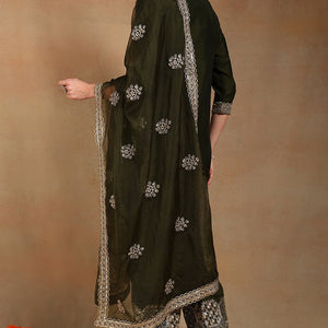 Olive Green Silk Blend Solid Straight Suit Set PKSKD2744