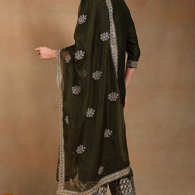 Olive Green Silk Blend Solid Straight Suit Set PKSKD2744