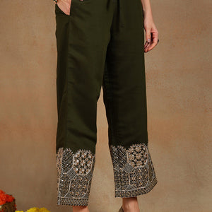 Olive Green Silk Blend Solid Straight Suit Set PKSKD2744