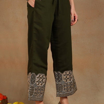 Olive Green Silk Blend Solid Straight Suit Set PKSKD2744