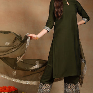 Olive Green Silk Blend Solid Straight Suit Set PKSKD2744