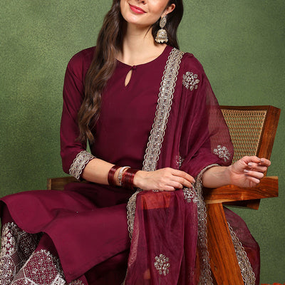Burgundy Silk Blend Solid Straight Suit Set With Palazzo Style Bottom PKSKD2745