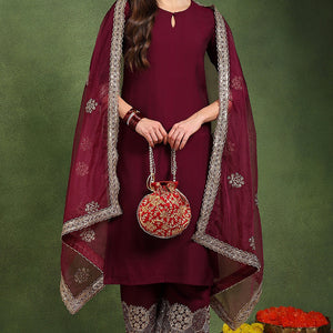 Burgundy Silk Blend Solid Straight Suit Set With Palazzo Style Bottom PKSKD2745