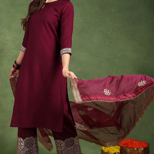 Burgundy Silk Blend Solid Straight Suit Set With Palazzo Style Bottom PKSKD2745
