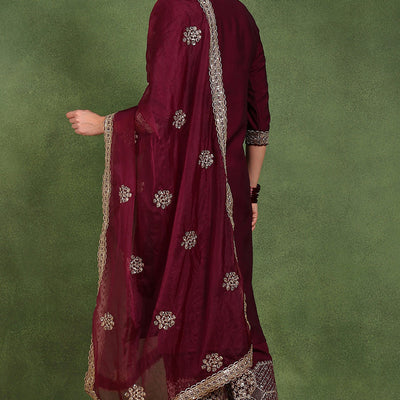 Burgundy Silk Blend Solid Straight Suit Set With Palazzo Style Bottom PKSKD2745
