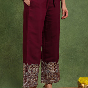 Burgundy Silk Blend Solid Straight Suit Set With Palazzo Style Bottom PKSKD2745