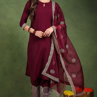 Burgundy Silk Blend Solid Straight Suit Set With Palazzo Style Bottom PKSKD2745