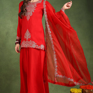 Red Silk Blend Embroidered Straight Palazzo Suit Set PKSKD2748