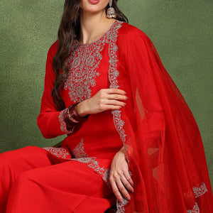 Red Silk Blend Embroidered Straight Palazzo Suit Set PKSKD2748