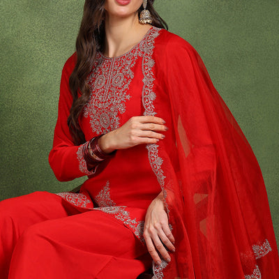 Red Silk Blend Embroidered Straight Palazzo Suit Set PKSKD2748