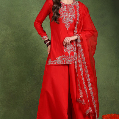 Red Silk Blend Embroidered Straight Palazzo Suit Set PKSKD2748