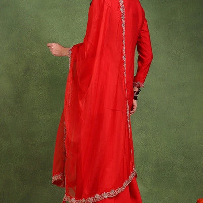 Red Silk Blend Embroidered Straight Palazzo Suit Set PKSKD2748