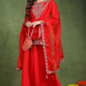 Red Silk Blend Embroidered Straight Palazzo Suit Set PKSKD2748