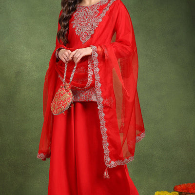 Red Silk Blend Embroidered Straight Palazzo Suit Set PKSKD2748