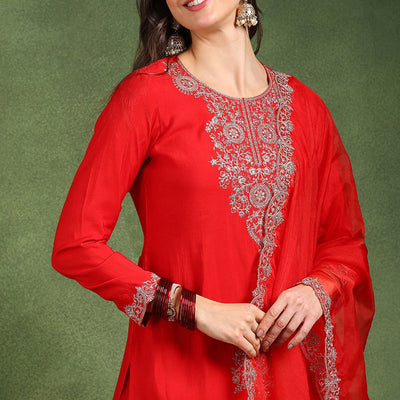 Red Silk Blend Embroidered Straight Palazzo Suit Set PKSKD2748