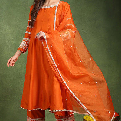 Orange Silk Blend Solid Embroidered Anarkali Suit Set PKSKD2760