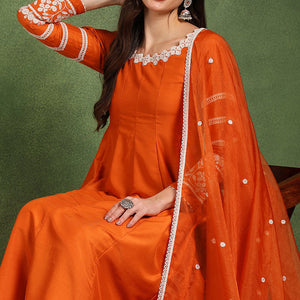 Orange Silk Blend Solid Embroidered Anarkali Suit Set PKSKD2760