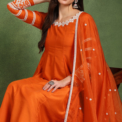 Orange Silk Blend Solid Embroidered Anarkali Suit Set PKSKD2760