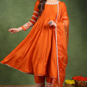 Orange Silk Blend Solid Embroidered Anarkali Suit Set PKSKD2760