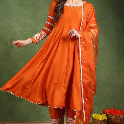 Orange Silk Blend Solid Embroidered Anarkali Suit Set PKSKD2760