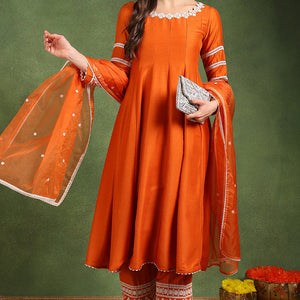 Orange Silk Blend Solid Embroidered Anarkali Suit Set PKSKD2760