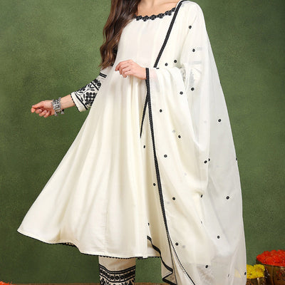 White Silk Blend Solid Embroidered Anarkali Suit Set PKSKD2761