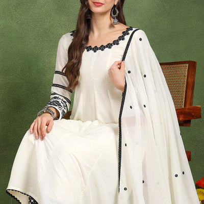 White Silk Blend Solid Embroidered Anarkali Suit Set PKSKD2761