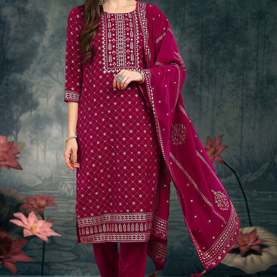 Pink Velvet Ethnic Motifs Printed Straight Suit Set PKSKD2766