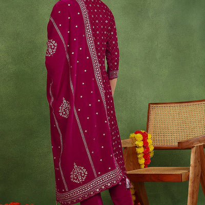 Pink Velvet Ethnic Motifs Printed Straight Suit Set PKSKD2766