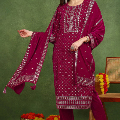 Pink Velvet Ethnic Motifs Printed Straight Suit Set PKSKD2766
