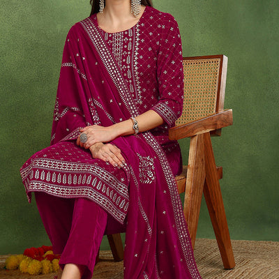 Pink Velvet Ethnic Motifs Printed Straight Suit Set PKSKD2766