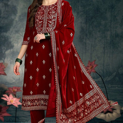 Red Velvet Ethnic Motifs Printed Straight Suit Set PKSKD2767
