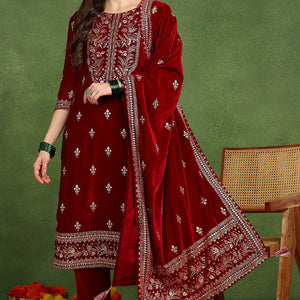 Red Velvet Ethnic Motifs Printed Straight Suit Set PKSKD2767