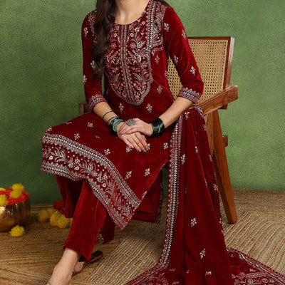 Red Velvet Ethnic Motifs Printed Straight Suit Set PKSKD2767