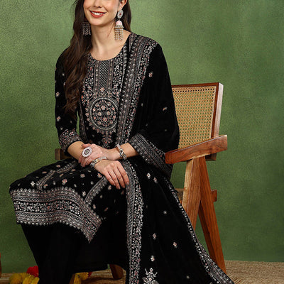 Black Velvet Ethnic Motifs Printed Straight Suit Set PKSKD2768