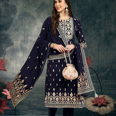 Navy Blue Velvet Ethnic Motifs Printed Straight Suit Set PKSKD2771