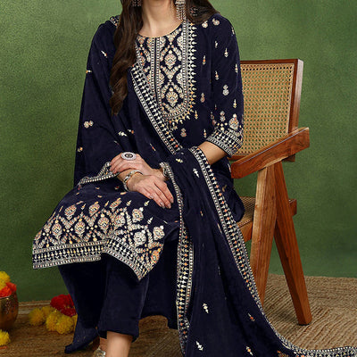 Navy Blue Velvet Ethnic Motifs Printed Straight Suit Set PKSKD2771