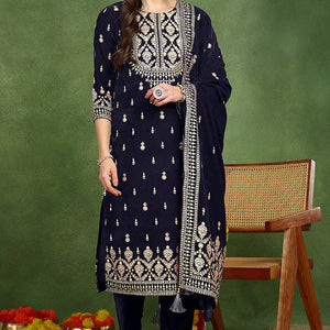Navy Blue Velvet Ethnic Motifs Printed Straight Suit Set PKSKD2771