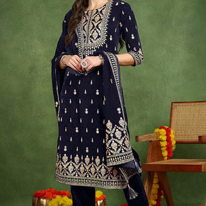 Navy Blue Velvet Ethnic Motifs Printed Straight Suit Set PKSKD2771