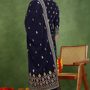 Navy Blue Velvet Ethnic Motifs Printed Straight Suit Set PKSKD2771
