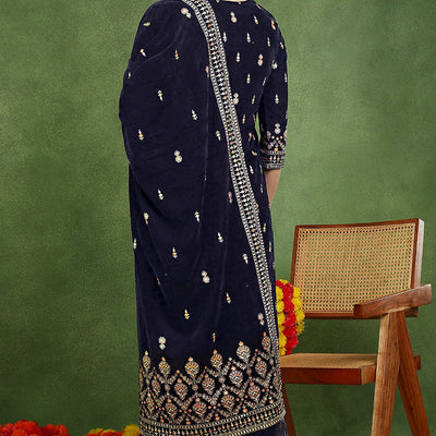 Navy Blue Velvet Ethnic Motifs Printed Straight Suit Set PKSKD2771