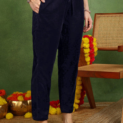 Navy Blue Velvet Ethnic Motifs Printed Straight Suit Set PKSKD2771