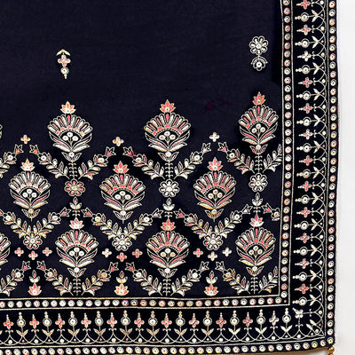 Navy Blue Velvet Ethnic Motifs Printed Straight Suit Set PKSKD2771