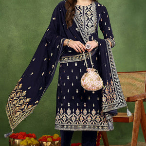 Navy Blue Velvet Ethnic Motifs Printed Straight Suit Set PKSKD2771