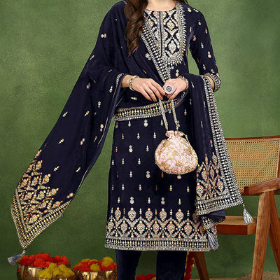 Navy Blue Velvet Ethnic Motifs Printed Straight Suit Set PKSKD2771