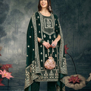 Green Velvet Ethnic Motifs Printed Straight Suit Set PKSKD2772