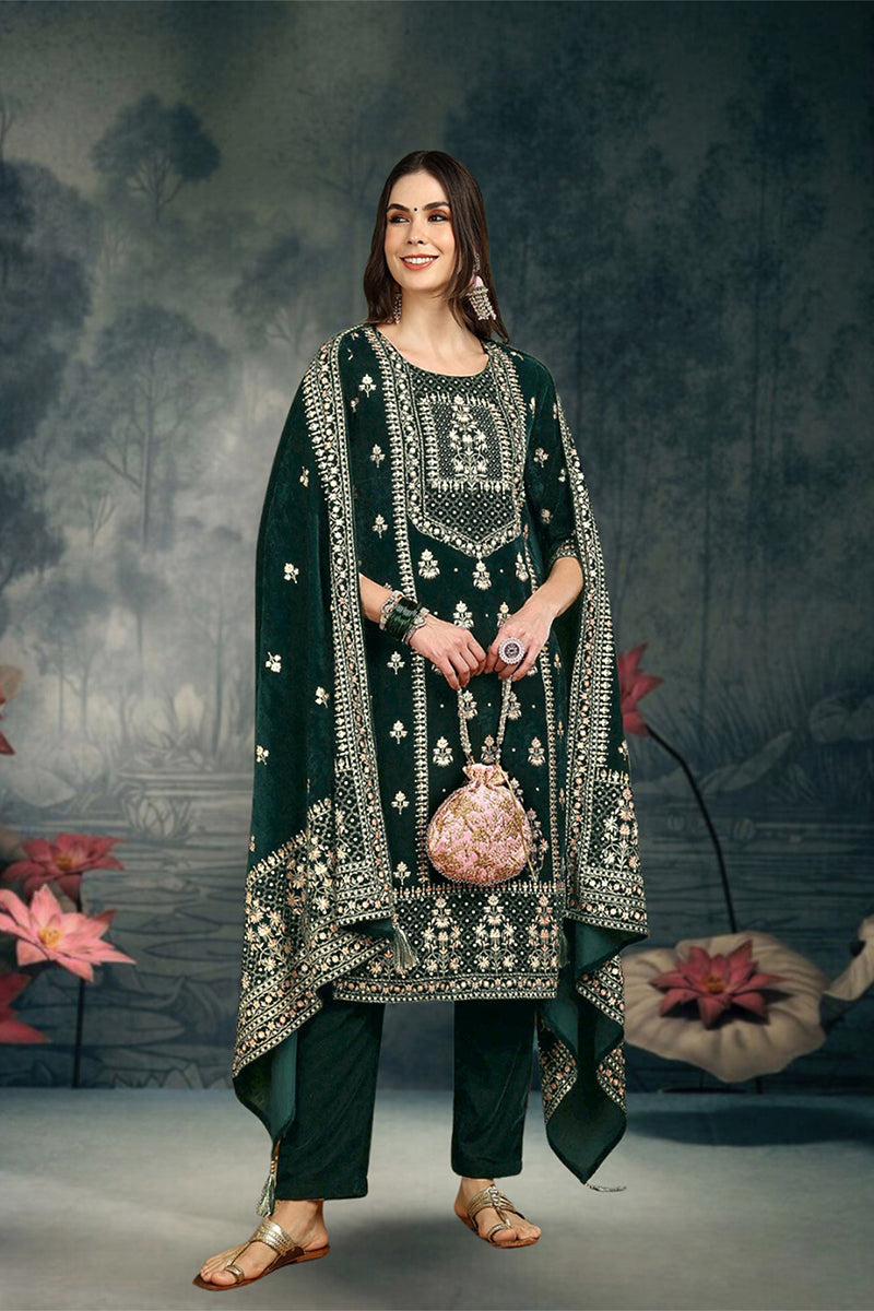 Green Velvet Ethnic Motifs Printed Straight Suit Set PKSKD2772