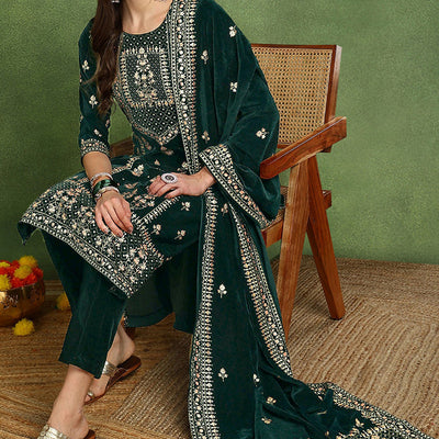 Green Velvet Ethnic Motifs Printed Straight Suit Set PKSKD2772